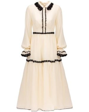 Georgette Cream Lace Trim Midi Dress - Natural