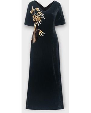 SILK & BEARS Hand-Embroidered & Silk Velvet Kimono-Sleeve Maxi Dress - Black