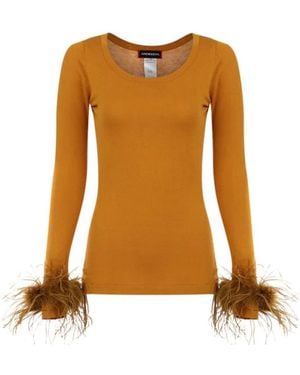 Andreeva Camel Knit Top With Detachable Feather Cuffs - Orange