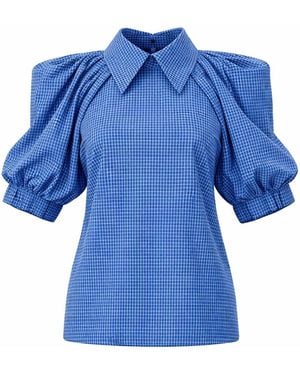 Julia Allert Designer Plaid Puff Sleeve Blouse - Blue