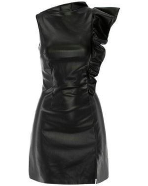 AVENUE No.29 Eco Leather Asymmetrical Mini Dress With Ruffle - Black