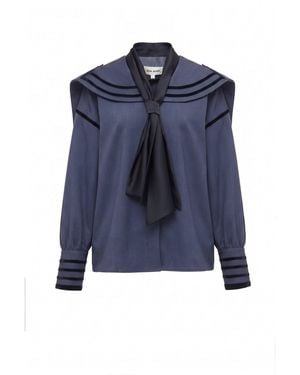 Julia Allert Contrast Piping Sailor Collar Tie Front Blouse - Blue