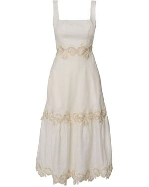 GIORGIA LUCASI Ivory Linen Midi Dress With Lace Detail - Natural