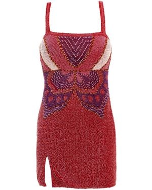 Self-Adore Butterfly Hand-Beaded Embellished Mini Dress - Red