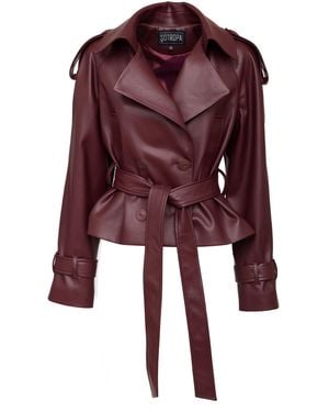 SOTROPA Cropped Eco Leather Trench Coat - Red