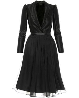AVENUE No.29 Long Sleeve Gathered Silk V-Neck Lapel Dress - Black