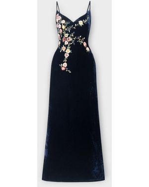 SILK & BEARS Hand-Embroidered Midnight Silk Velvet Maxi Evening Dress - Blue