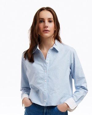 Draper James Long Sleeve Cropped Button Down In Oxford Shirting - Blue