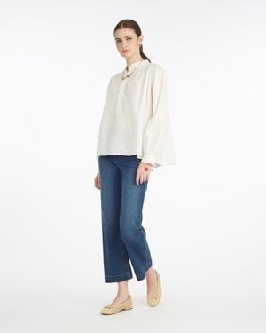 Draper James Pleated Button Down In Cotton Dobby In White - Blue