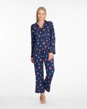 Draper James Linda Long-sleeve Pajama Set In Holiday Trees - Blue