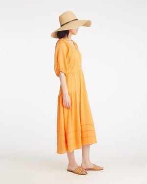 Draper James Chloe V-neck Midi Dress In Crinkle Cotton - Orange