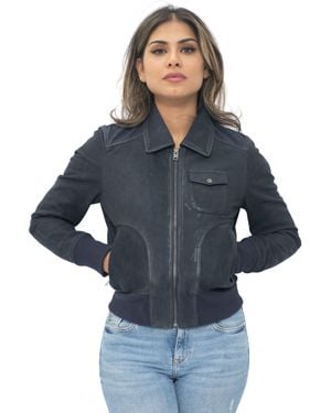 Infinity Leather Dames Leren Ma-1 Varsity Jack-ann Arbor - Blauw