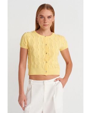 Dilvin Cropped Jacquard Knopen Cardigan - Geel