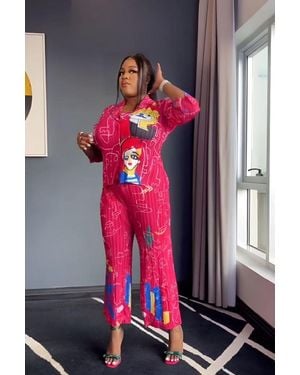 Msn-Collection Abstract Print Shirt And Wide-Leg Trousers Set - Pink