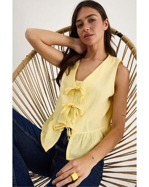Bianco Lucci V-Neck Crepe Blouse With Bow Tie - Metallic