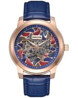 Heritor Emmanuel Semi-Skeleton Leather-Band Watch - Blue