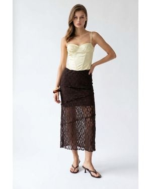 MixRay High Waist Lace Midi Skirt - Brown