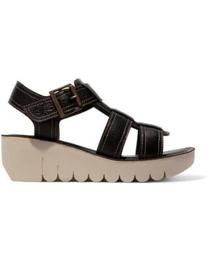 Fly London Yudd236 Mousse Leather Sandals Espadrille Platform Wedges - Black