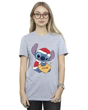 Disney Ladies Lilo And Stitch Christmas Love Biscuit Cotton Boyfriend T-Shirt (Sports) - Blue