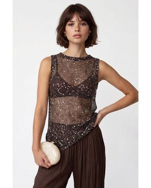 MixRay Sequin Sleeveless Crew Neck Blouse - Brown