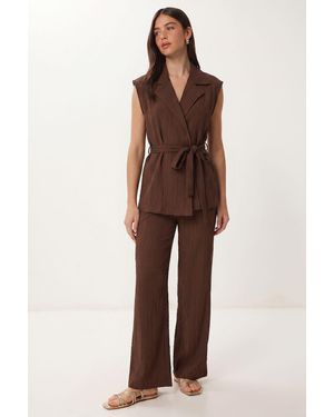Happiness İstanbul High Waist Two-Piece Set With Shirt Collar And Wide Leg Trousers - Brown