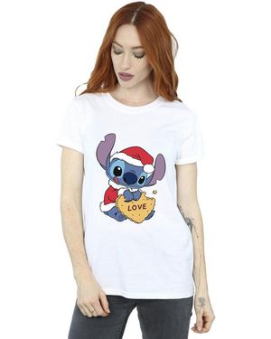 Disney Ladies Lilo And Stitch Christmas Love Biscuit Cotton Boyfriend T-Shirt - White