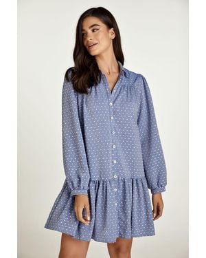 Conquista Denim Style Embroidered Dress With Buttons - Blue