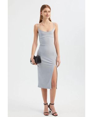 Hiccup Scoop Neck Spaghetti Strap Midi Bodycon Dress With A Side Slit - White