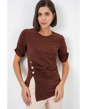 Bigdart Crew Neck Buttoned Blouse - Brown
