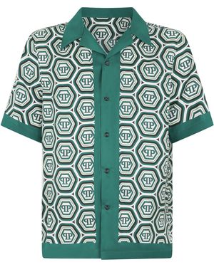 Philipp Plein Silk Bowling Shirt Monogram 70's - Groen