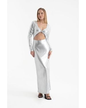Hiccup Metallic V Neck Cut Out Long Sleeve Maxi Dress - White