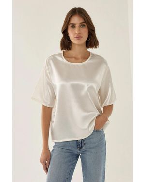Hiccup Satin Crew Neck Short Sleeve Blouse - Natural
