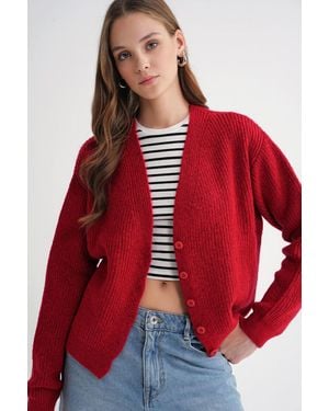 MixRay Gestructureerde V-Hals Knop Cardigan - Rood