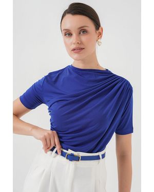 Bigdart Fitted Ruffle Detail Blouse With Crew Neck - Blue