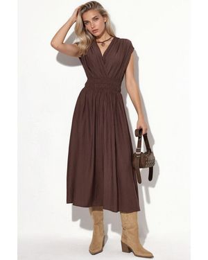 Busem Textured V-Neck Midi Dress - Brown