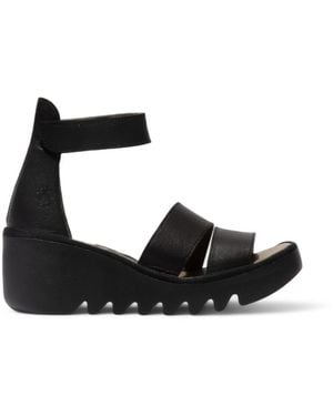 Fly London Bono290 Mousse Leather Sandals Espadrille Wedges - Black