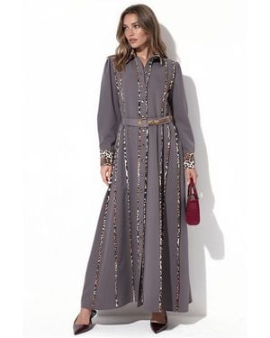 Msn-Collection Leopard Print Maxi Shirt Dress - Grey