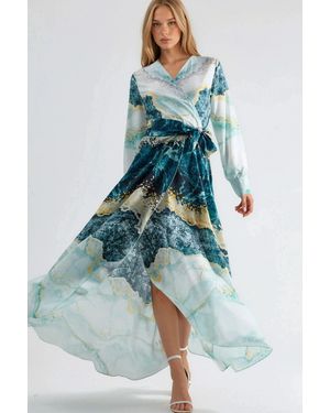 Msn-Collection Abstract Print Long Sleeve Maxi Dress With Tie Detail - Blue