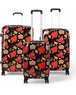 Infinity Leather Expandable Hard Shell Roses 8 Wheels Suitcase Print Luggage - Red