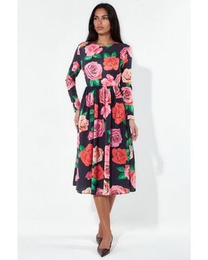 Msn-Collection Floral Belted Midi Skater Dress - Red