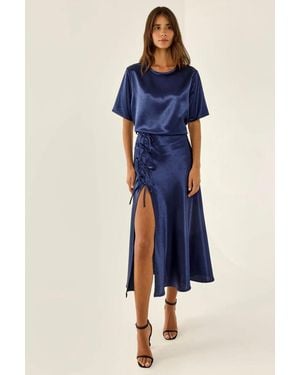Hiccup Satin Crew Neck Short Sleeve Blouse - Blue