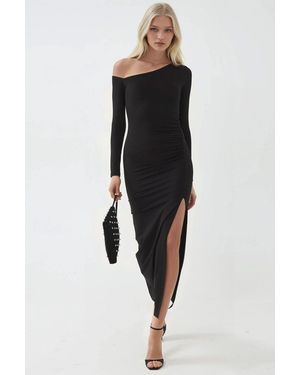 Busem Asymmetrical Collar Maxi Dress With Slit - Black
