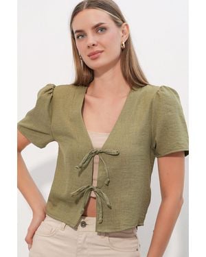 Bigdart Textured V-Neck Linen Blend Crop Top - Green