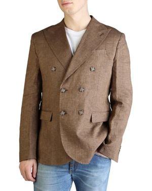 Yes-Zee Linen Double Breasted Blazer - Brown