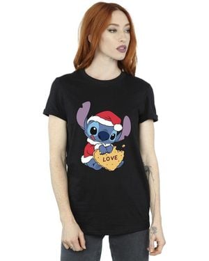 Disney Ladies Lilo And Stitch Christmas Love Biscuit Cotton Boyfriend T-Shirt - Black