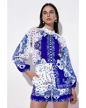 Msn-Collection Paisley Woven Playsuit With Tie Detail - Blue