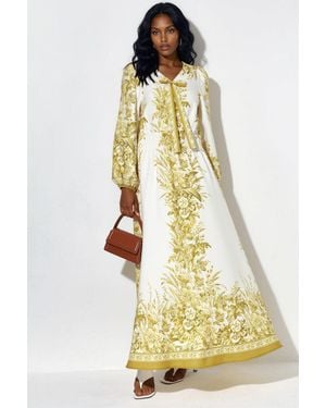 Msn-Collection Printed V-Neck Maxi Dress With Tie Detail - Yellow