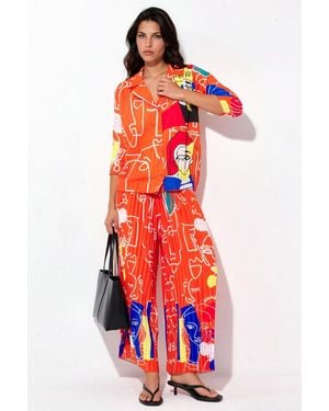 Msn-Collection Abstract Print Shirt And Wide-Leg Trousers Set - Red