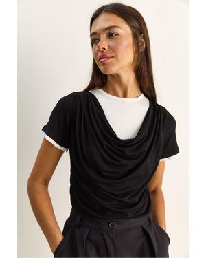 Bianco Lucci Cowl Neck Short Sleeve T-Shirt - Black