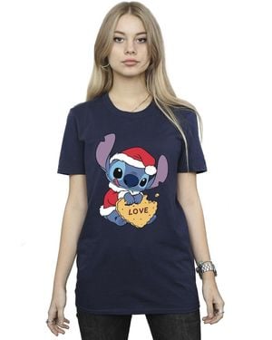 Disney Ladies Lilo And Stitch Christmas Love Biscuit Cotton Boyfriend T-Shirt - Blue
